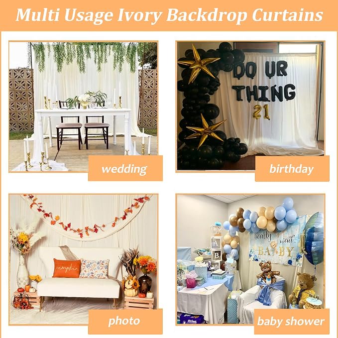 Ivory Backdrop Curtain 2 Panels-Wrinkle-Free Beige Curtains Polyester Photography Drapes for Wedding Party Baby Shower Photo Background Decorations- 8 X10FT (Ivory) - Image 6