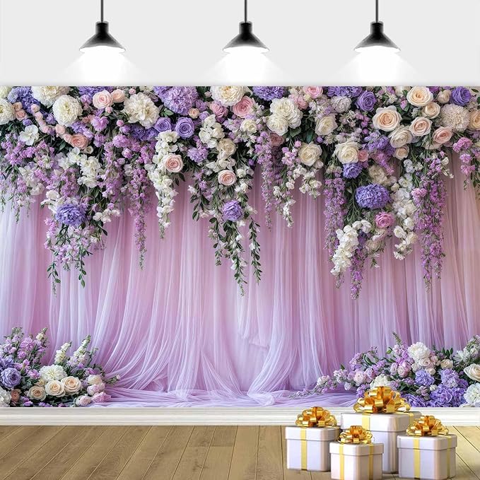 6x4ft Purple Lavender Floral Bridal Backdrop Wedding Flower Photography Backdrop for Girl Portrait Baby Shower Birthday Party Decor Banner Mother's Day Party Wall Backdrop Studio Photo Backgrounds - Image 2
