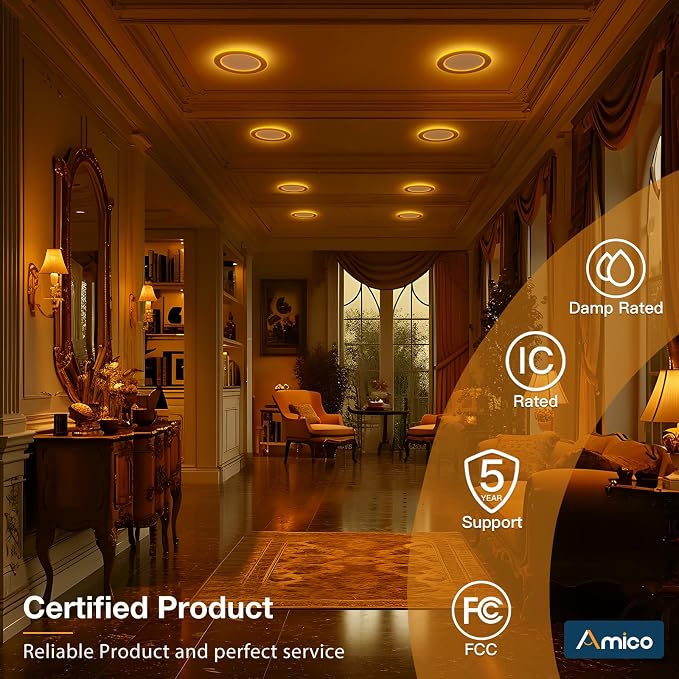 Amico 1 Pack 6 Inch 5CCT LED Recessed Ceiling Light with Double Ring Night Light, 2700-5000K Selectable Ultra-Thin Recessed Lighting, 12W=110W, 1100LM, Dimmable Canless Wafer Downlight, ETL, FCC - Image 7