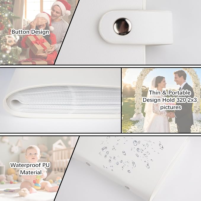 Veicevol 320-Pocket 2x3 Photo Album for Instax Mini and Polaroid, White | PU Leather Cover Keeps, Fits Instax Mini and Polaroid 2x3 Photos, Protects Travel, Wedding and Family Memories - Image 6