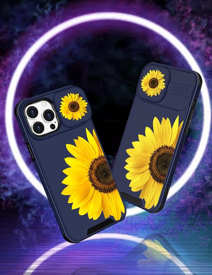 (2in1 for iPhone 15 Pro Case Sunflower Floral for Women Cute Phone Cover Girly Sun Flowers Pretty Blue Design with Slide Camera Cover Protective Stand Holder for iPhone 15 Pro Cases 6.1'' - Image 4