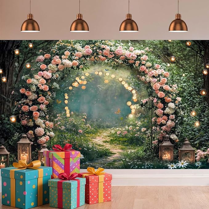 9x6ft Enchanted Forest Wedding Photography Backdrop Wonderland Roses Fairy Tale Backdrop Pink Flower Birthday Newborn Baby Shower Wedding Bridal Party Banner Photo Booth Props Anniversary Background - Image 3