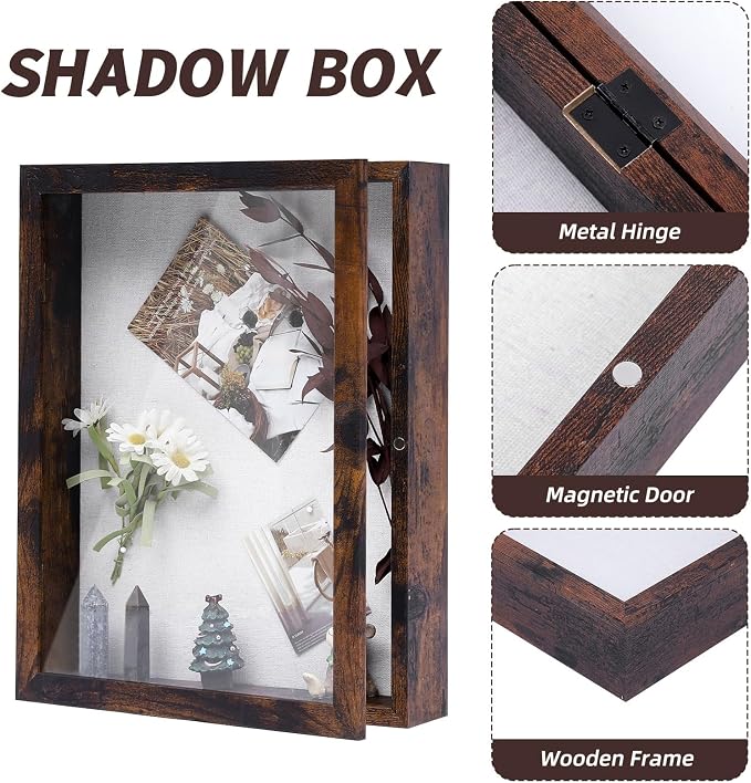 Muzilife 8x10 Shadow Box Picture Frame, 2.16 Deep, Real Glass, Honey Brown | FSC-Wood, Magnetic Door, Linen Interior & Pins, Vertical, Horizontal Wall Hanging, Display Case Frame for Photos & Keepsakes - Image 4