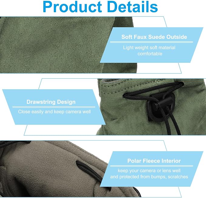 PATIKIL Camera Lens Pouch, L Size Drawstring Lens Case Flannel Camera Lens Handbag Camera Bag with Adjustable Shoulder Strap for DSLR Camera Lens, Green - Image 3