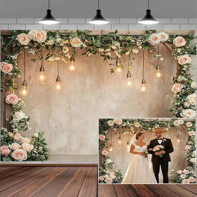 6x4ft Country Wedding Photography Backdrop Floral Rustic Roses Farmhouse Wooden Door Backdrop Pink Flower Birthday Baby Shower Wedding Bridal Party Banner Photo Booth Props Anniversary Background by Mtsxfy