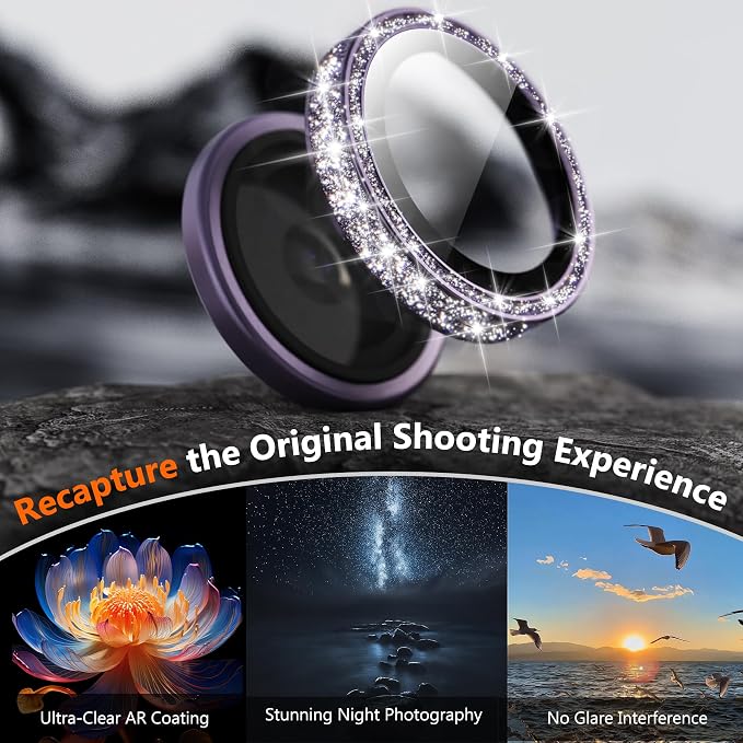 YWXTW [All-Over Glitter Camera Lens Protector for iPhone 17 Pro Max/17 Pro/16 Pro Max/16 Pro/15 Pro Max/15 Pro/14 Pro/Max, 9H Tempered Glass Camera Cover, Anti-Scratch Case Friendly (Deep Purple) - Image 4
