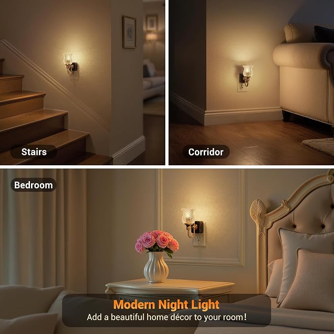 JandCase Night Light, Glass Night Lights Plug into Wall Dimmable | Floral LED Nightlight, 0-100LM Flower Nightlights, Dusk to Dawn Sensor, 1W Vintage Nite Light for Bathroom Hallway Gift Decor - Image 5