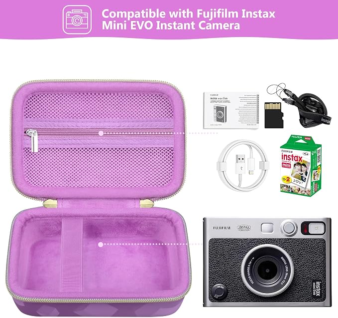 Carrying Case Compatible with Instax Mini EVO Instant Camera, INSTAX MINI EVO Camera Storage Holder Travel Bag with Mesh Pocket for Photos, USB Cables, Film, Purple - Image 2