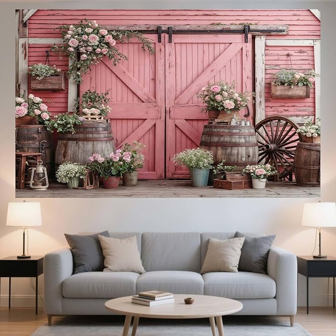 8x6ft Country Wedding Pink Photography Backdrop Rustic Wooden Barn Door Photography Backdrop Farmhouse Flower Western Girl Birthday Baby Shower Wedding Bridal Party Banner Photo Booth Props Background - Image 5