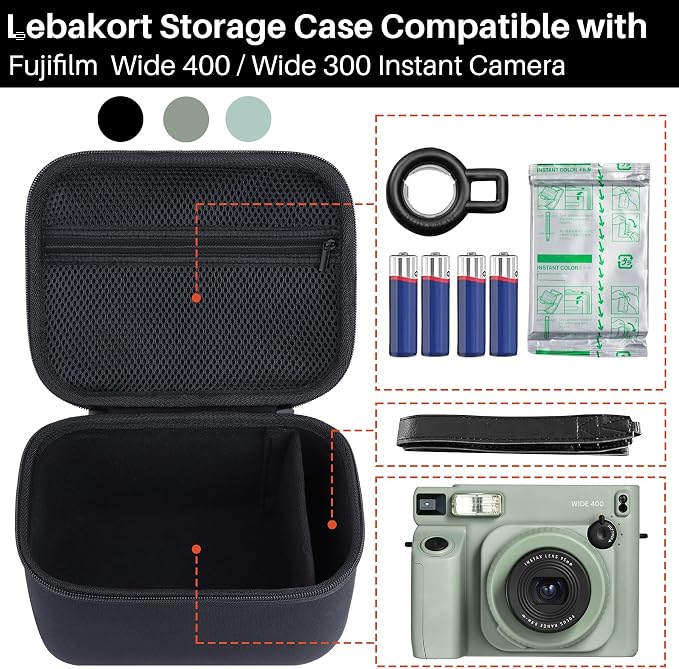 Lebakort Storage Case Compatible with Fujifilm INSTAX Wide 400 / Wide 300 Instant Camera (Black Case) - Image 3