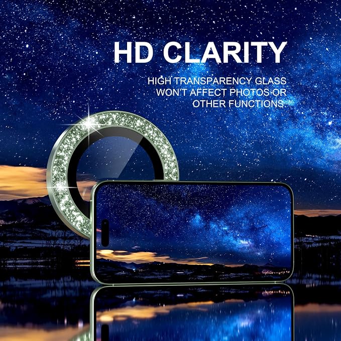 Choiche for iPhone 17 Camera Lens Protector Bling, Glitter-Green | Ultra HD, 9H Tempered Glass Camera Cover Screen Protector Metal Individual Ring Decoration Accessories, 2-Lens, 6.3-inch - Image 5