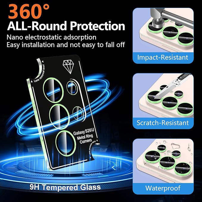 for Samsung Galaxy S26 Ultra Camera Lens Protector, Individual Metal Ring Tempered Glass Lens Cover, [Strong Adsorption] Scratch Resistant Ultra-Thin HD Clear Lens Cover, 1 Set-Green Shine - Image 4