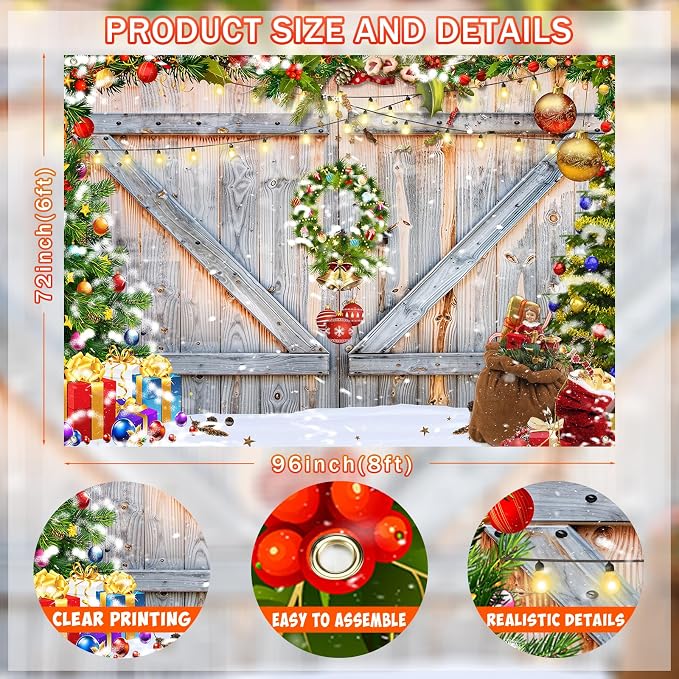 Christmas Photo Backdrop for Photography, 8x6ft | Vinyl Merry Xmas Wall Background for Photoshoot, Red Gift Snow Tree, Rustic Barn Wood Door, for Outdoor, Party Decorations - Image 7
