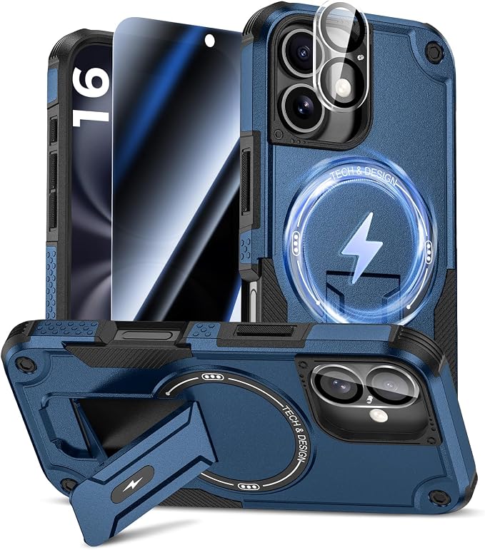Goton 3 in 1 for iPhone 16 Case with Privacy Screen Protector Blue | Glass Camera Lens Protector,Compatible for MagSafe,Invisible Kickstand, Shockproof Phone Cover for iPhone16 by Goton