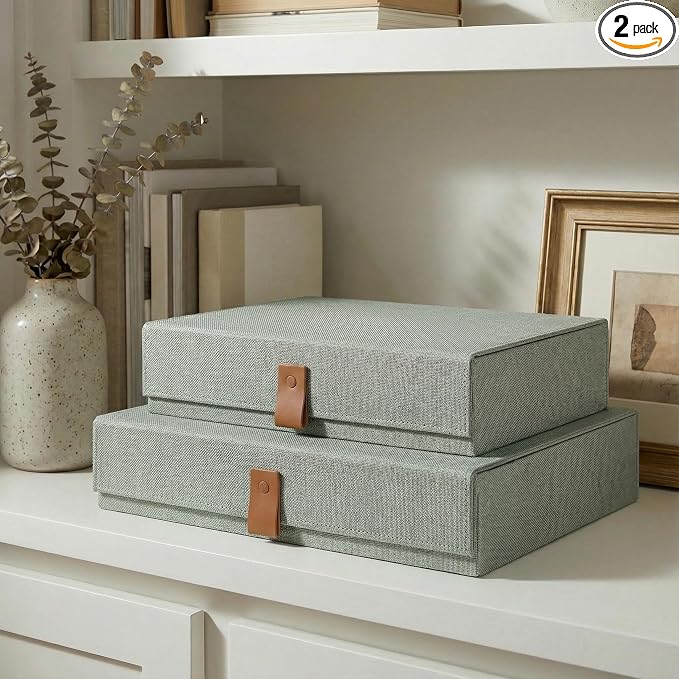 ZICOTO Decorative Photo Storage Boxes with Lids - Set of 2 Linen Organizers | Beautiful Boxes Safely Store Your Pictures, Documents, Scrapbooking Supplies, Keepsakes and Other Memories in Style by ZICOTO