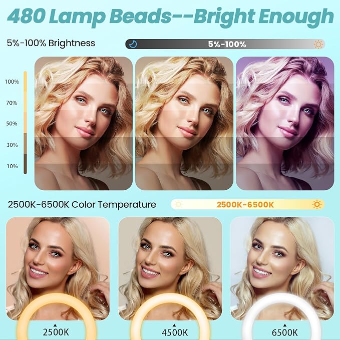 MACTREM 22" Foldable Ring Light with Stand for iPhone ipad, 75" Tripod with Wheels 50W 6500K LED Display/2 USB Ports Large Ringlight Rolling, Tattoo Barber Makeup Studio Video Photography Lighting - Image 2