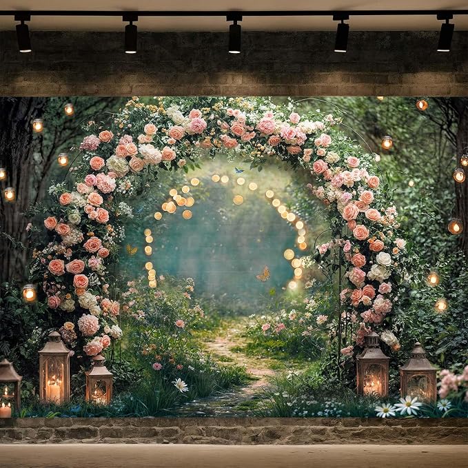 7x5ft Enchanted Forest Wedding Photography Backdrop Wonderland Roses Fairy Tale Backdrop Pink Flower Birthday Newborn Baby Shower Wedding Bridal Party Banner Photo Booth Props Anniversary Background - Image 2
