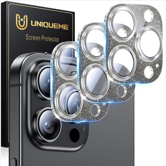 UniqueMe for iPhone 15 Pro/15 Pro Max Camera Lens Protector-Glitter Black | 3 Pack-Drop Protection, Case Friendly, Camera Cover Screen, Update New Version by UniqueMe