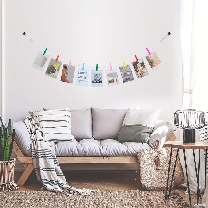 KLOGTSIND Hanging Photo Display, Boho Wood Bead Garland Wall Decor | Photo Banner with 9 Wooden Clips for Bedroom, Living Room, Office, Dorm Decor, Pictures Postcards Holder Teen Girl Gifts - Image 6