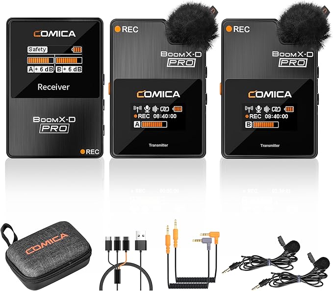 COMICA BoomX-D2 PRO Wireless Lavalier Microphone for iPhone Android Camera | Built-in 16GB Recorder, Noise Cancellation, 656ft Stable Range, Safety Audio Track, for YouTube, TikTok, Vlog, Interview by COMICA