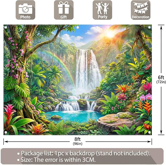 Fabric 8x6ft Rainforest Backdrop Tropical Jungle Waterfall Banner | Summer Event Natural Scenery Photography Background, Kids Adult School Party Decorations, Classroom Photo Props, Polyester - Image 3
