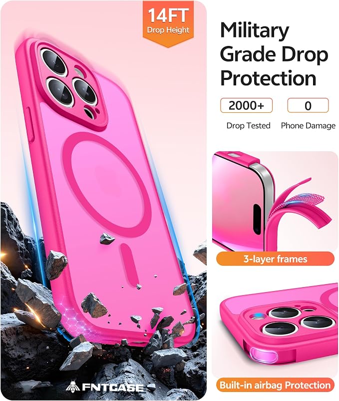 FNTCASE for iPhone 14 Pro Case, Compatible with Magsafe, Screen Protector | Full Camera Protection, Translucent Matte, 14FT Military Grade Drop Proof, Shockproof Protective Phone Cover, Hot Pink - Image 5