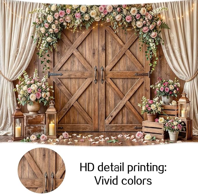 5x4ft Wedding Backdrop Rustic Floral Flower Wooden Wall Backdrop Bridal Baby Shower Ceremony Photography Background Shabby Chic Countryside Western Anniversary Wedding Party Birthday Photo Prop - Image 8