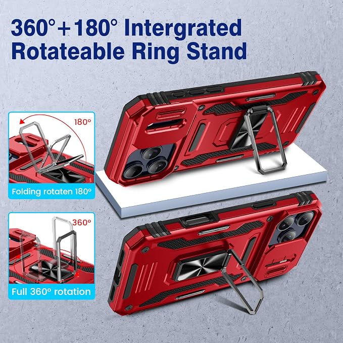 VEGO for iPhone 17 Pro Case with Slide Camera Cover and Kickstand Red | Privacy Screen Protector & Ring Kickstand Military Grade Heavy Duty Protection Cover for iPhone 17 Pro - Red - Image 4