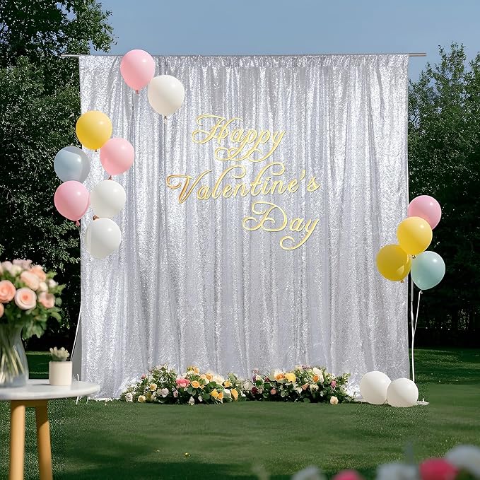 SquarePie 8x8ft Silver Sequin Backdrop, High Density Non-Transparent Glitter Curtain for Photography, Birthday, Wedding Party Decorations, Thick Solid Background with 4" Rod Pocket, 1 Panel - Image 2