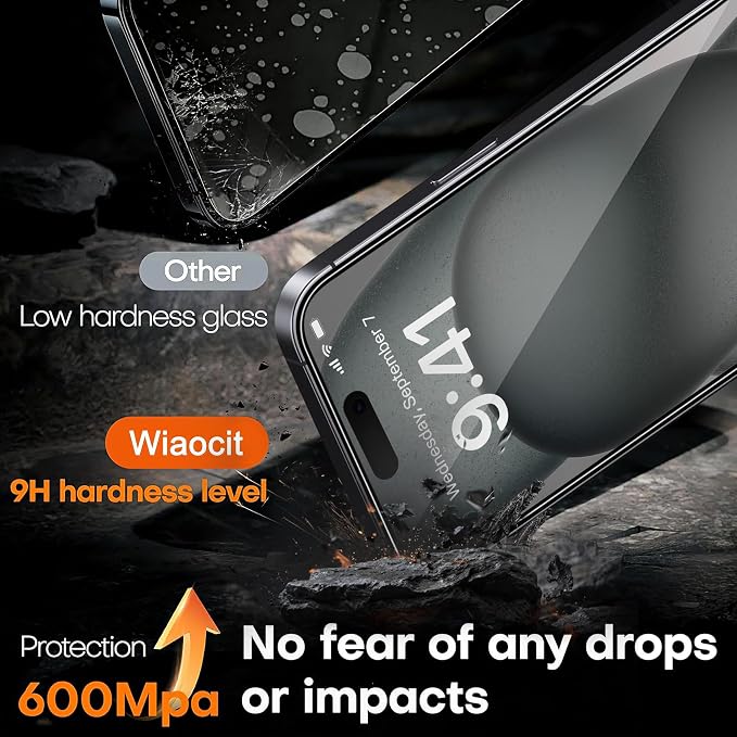Wiaocit Tempered Glass Privacy Screen Protector for iPhone 15 Plus | 3+3 Pack, 9H Hardness, Camera Lens Protector, Installation Frame, Bubble Free, Case Friendly - Image 4
