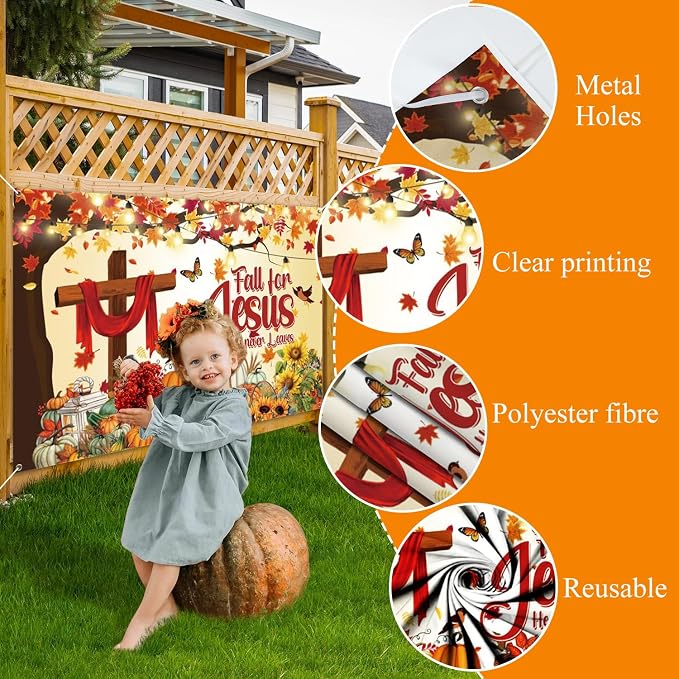 Thanksgiving Banner 7x5ft Polyester Fall for Jesus He Never Leaves Banner Outdoor Happy Thanksgiving Backdrop Fall Decorations for Party Pumpkin Patch Backdrop - Image 6