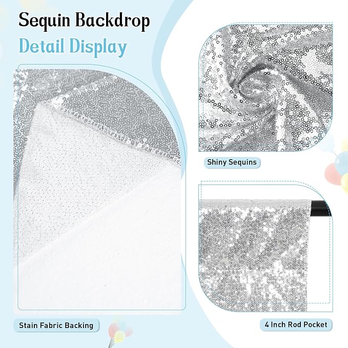 SquarePie 4x8ft Silver Sequin Backdrop, High Density Non-Transparent Glitter Curtain for Photography, Birthday, Wedding Party Decorations, Thick Solid Background with 4" Rod Pocket, 1 Panel - Image 4