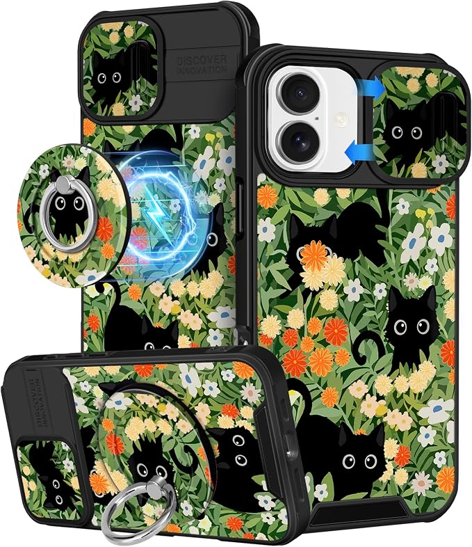 Buleens for iPhone 17 Case 6.3 Inch - with Ring Stand & Camera Cover Aesthetic Cute Designed for Women Girls Pretty Girly Cat Flowers Kawaii Phone Case for iPhone 17 Compatible with Magsafe by Buleens