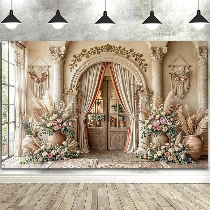 9X6ft Boho Floral Wedding Backdrop Retro Elegant Flowers Wall Photography Background Beige Vintage Wedding Bridal Shower Mother's Day Event Party Home Art Decor Portrait Photoshoot Props - Image 4