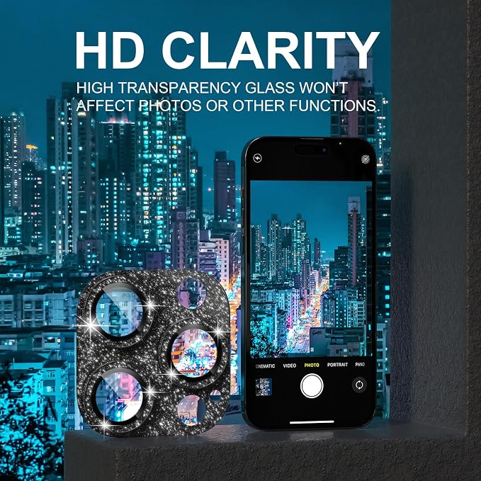 Choiche for iPhone 14 Pro/iPhone 14 Pro Max Camera Lens Protector | Bling Camera Cover with 9H Tempered Glass Lens Screen Protector Metal Ring Decoration Accessories (Glitter-Black) - Image 6