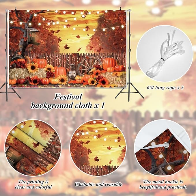 Fall Banner 8x6ft Polyester Harvest Hay Farm Pumpkin Patch Backdrop Sunflower Maple Photo Backdrops Thanksgiving Banner Decorations for Party - Image 4