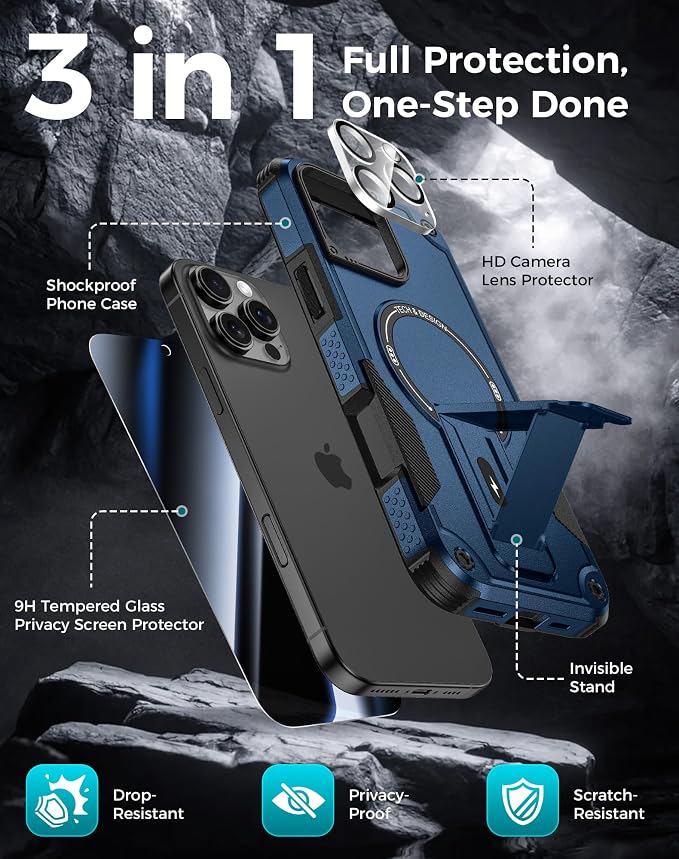 Goton 3 in 1 for iPhone 16 Pro Case with Privacy Screen Protector Blue | Glass Camera Lens Protector,Compatible for MagSafe,Invisible Kickstand, Shockproof Phone Cover for iPhone 16Pro - Image 3