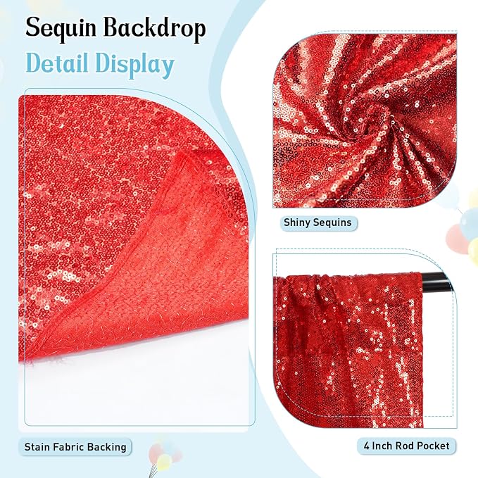 SquarePie 7x7ft Red Sequin Backdrop, High Density Non-Transparent Glitter Curtain for Photography, Birthday, Wedding Party Decorations, Thick Solid Background with 4" Rod Pocket, 1 Panel - Image 2