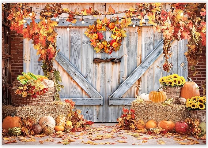 Fall Photo Backdrops for Photography, Thanksgiving Decorations 7x5ft | Vinyl Autumn Background for Photoshoot, Orange Pumpkin Maple Leaves, for Outdoor Party, Friendsgiving Decor by TERSUM