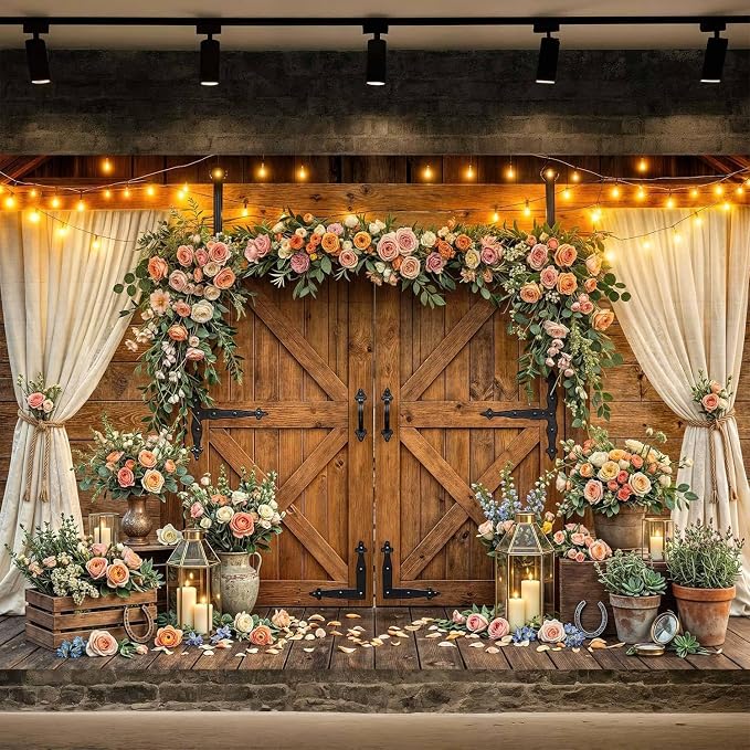 8x6ft Western Wedding Backdrop Rustic Barn Door Photography Backdrop Farmhouse Pink Flower Cabin Wooden Birthday Baby Shower Country Anniversary Bridal Party Banner Photo Booth Props Background - Image 2