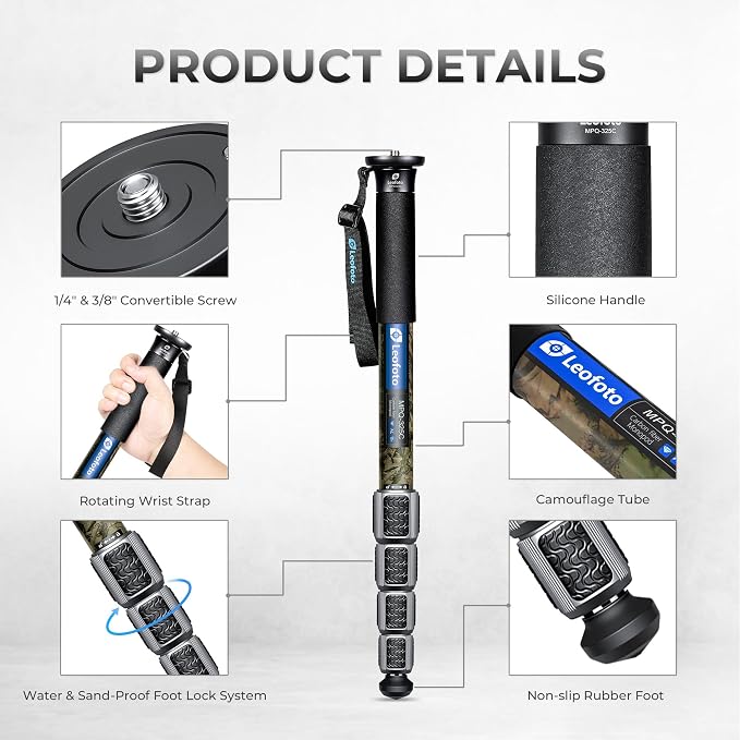 LEOFOTO Camera Monopod Carbon Fiber Portable Compact Lightweight Travel Monopod with Wrist Strap, Silicone Handle, Twist Locks, 5-Section up to 165cm, Max Load 15kg，Camo(MPQ-325C) - Image 2