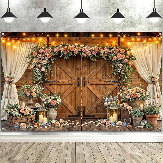 6x6ft Western Wedding Backdrop Rustic Barn Door Photography Backdrop Farmhouse Pink Flower Cabin Wooden Birthday Baby Shower Country Anniversary Bridal Party Banner Photo Booth Props Background - Image 6