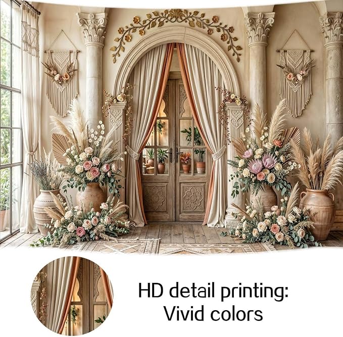 7X7ft Boho Floral Wedding Backdrop Retro Elegant Flowers Wall Photography Background Beige Vintage Wedding Bridal Shower Mother's Day Event Party Home Art Decor Portrait Photoshoot Props - Image 5
