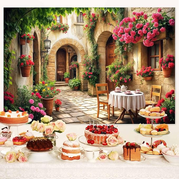 7X5ft Italian Theme Backdrop Italy Town Street Backdrop for Photography, Europe Village Town Landscape Photography Background Garden Tea Party Barnner Photo Studio Props, Color-3 - Image 3