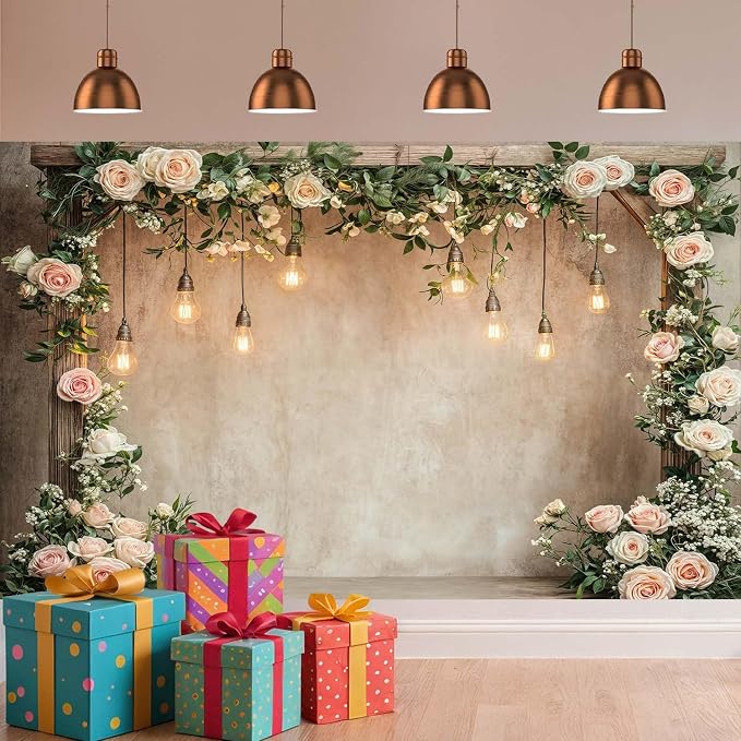15x10ft Country Wedding Photography Backdrop Floral Rustic Roses Farmhouse Wooden Door Backdrop Pink Flower Birthday Baby Shower Wedding Bridal Party Banner Photo Booth Props Anniversary Background - Image 3