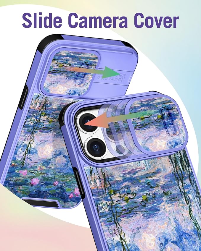 Buleens for iPhone 15 Pro Case 6.1 Inch - with Ring Stand & Camera Cover Aesthetic Cute Designed for Women Girls Girly Pretty Blue Water Lily for Phone Case for iPhone 15 Pro Compatible with Magsafe - Image 3