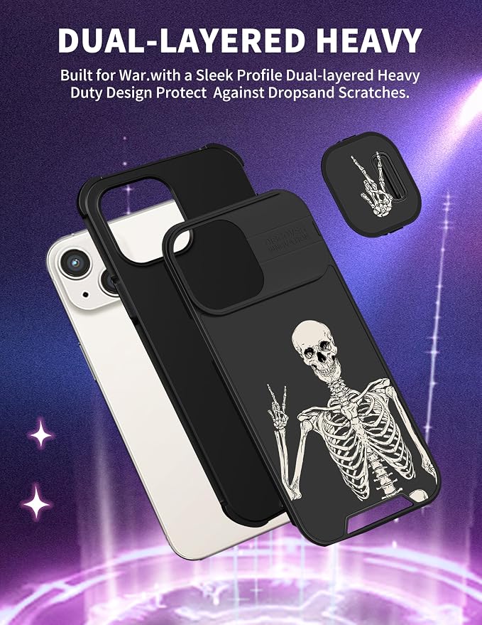 (2in1 for iPhone 12 Case Skull Skeleton for Women Cute Gothic Phone Cover Ghost Horror Design with Slide Camera Cover Protective Funny Spooky Boys Teens Cool Black Cases for iPhone12 6.1'' - Image 5