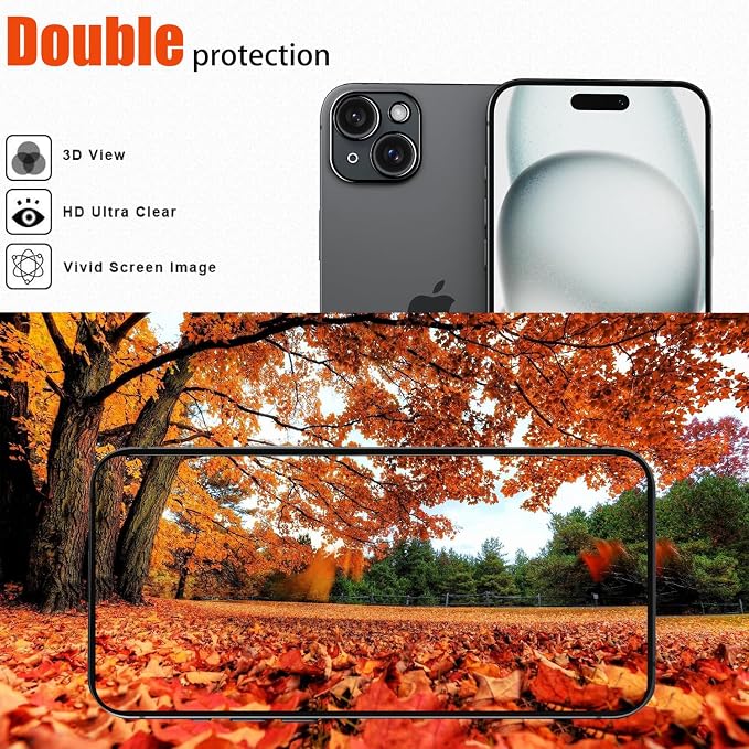 Front and Back Protector for iPhone 15 + Camera Lens Protector | (2+2+2) 9H Hardness, Easy to Install with Alignment Tool,Case Friendly - Image 3