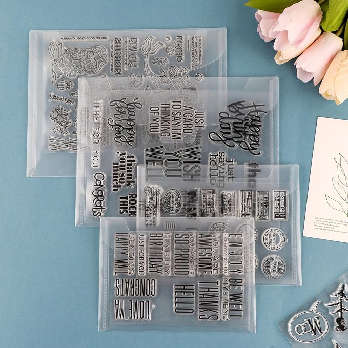 20Pieces Clear Stamp and Die Storage Pockets,48PCS Label Stickers,tamp Storage Bags, Plastic Envelopes,Scrapbooking Storage Die Cuts for Stencil Storage Card Making Cutting Dies Arts Crafts 7x5inch - Image 7