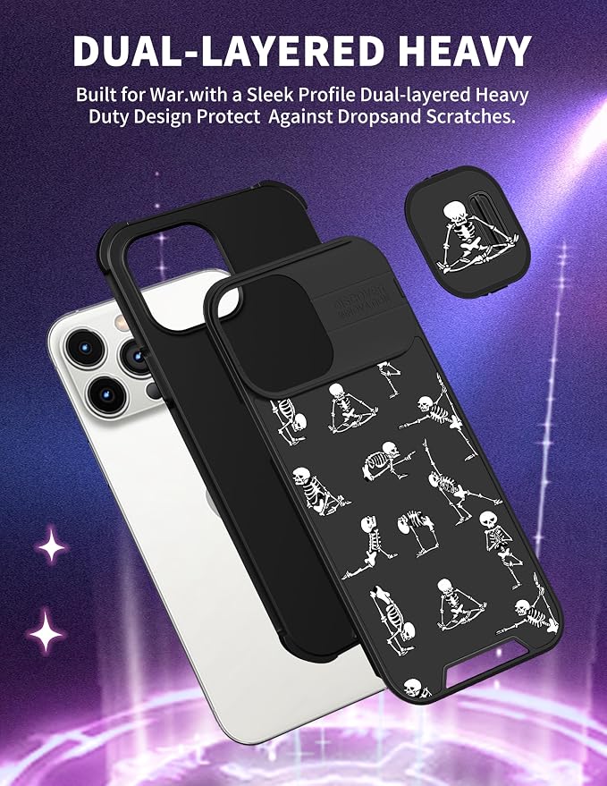 (2in1 for iPhone 12 Pro Max Case Skull for Women Cute Skeleton Yoga Phone Cover Funny Ghost Horror Design with Slide Camera Cover Protective Cool Black Teen Cases for iPhone 12 ProMax 6.7'' - Image 5